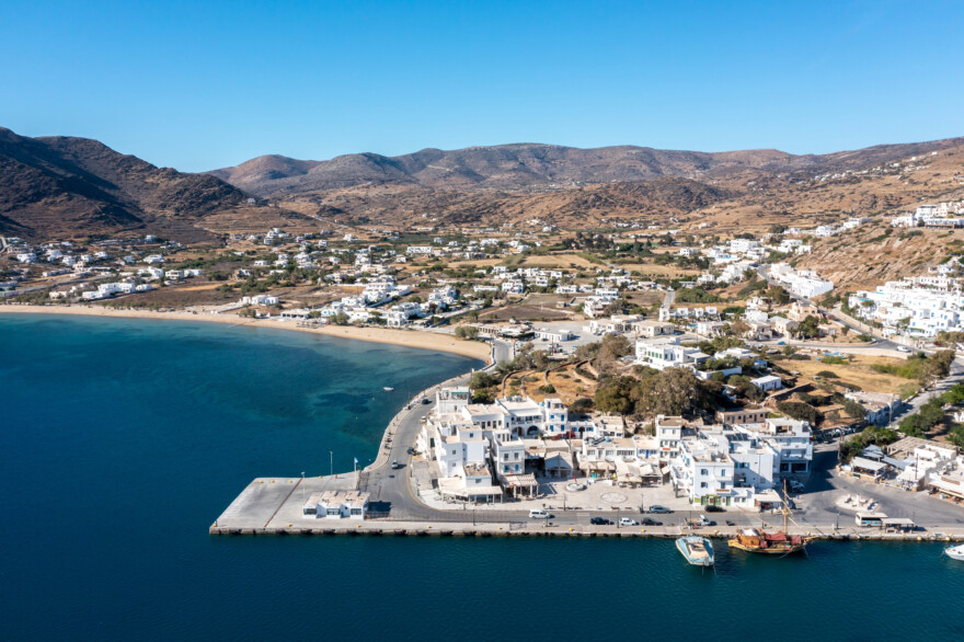 Ios Nios Island Port Cyclades Summer Destination Greece. Aerial Drone View